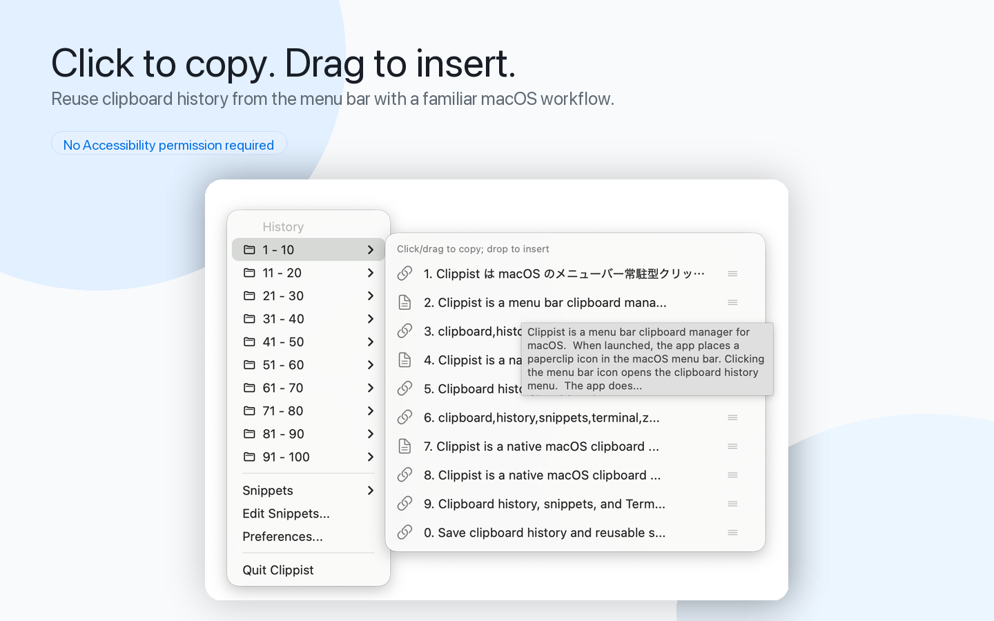 Clippist menu bar history window. Click to copy, drag to insert.