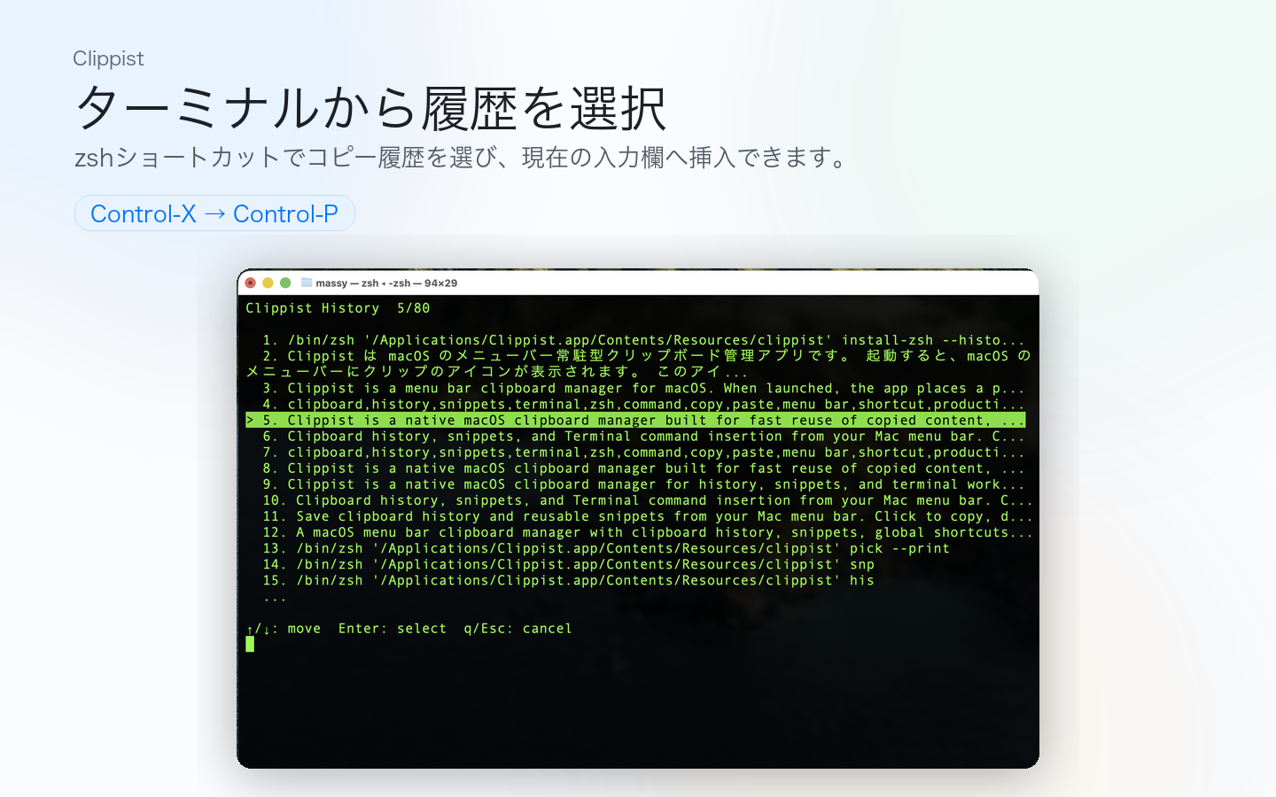Clippistのzsh連携画面。ターミナルからコピー履歴を選択できます。